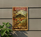 a vintage-style sign with a peacock bass illustration, mounted on a wall next to a plant.