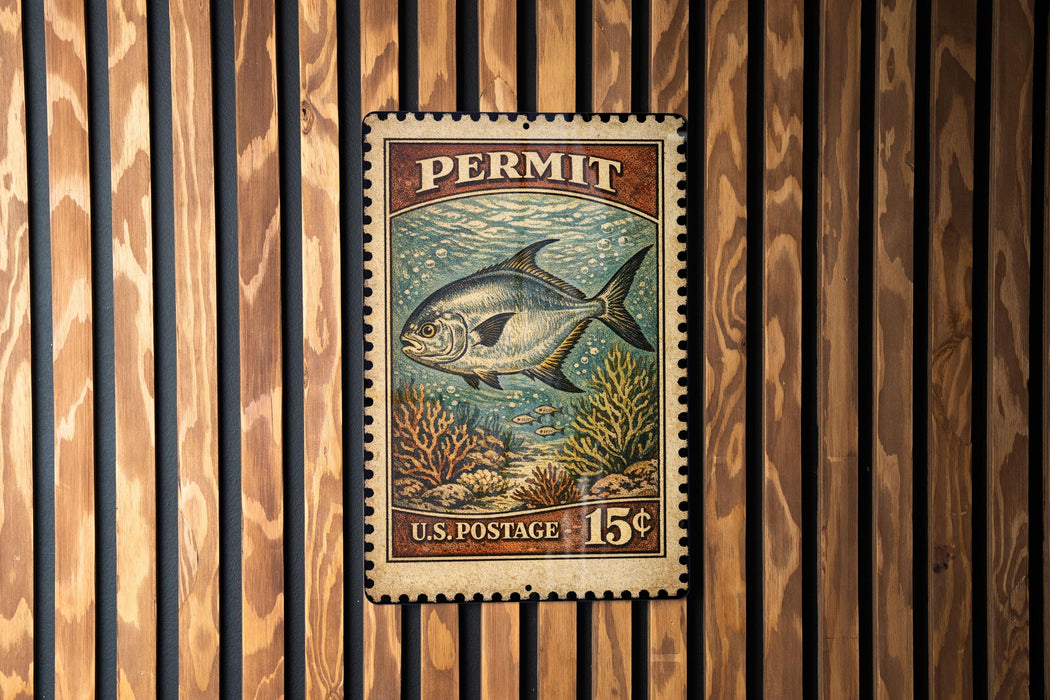 A vintage U.S. postage stamp featuring a fish on a coral reef, mounted on a wooden wall.