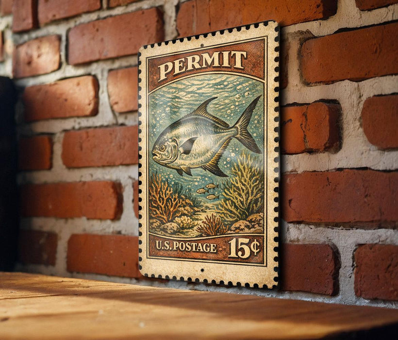 A vintage U.S. postage stamp featuring a fish illustration is displayed on a brick wall.