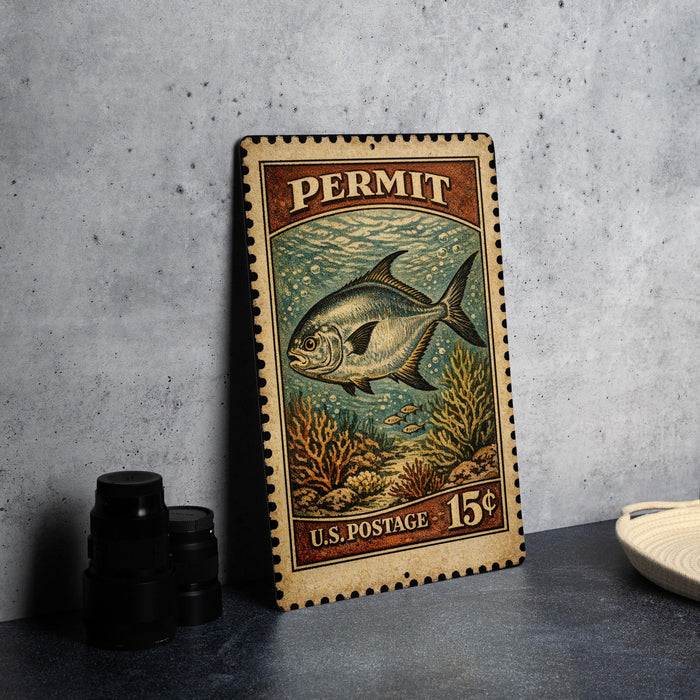 A vintage-style metal stamp depicting a fish, with the text "PERMIT" and "U.S. POSTAGE 15¢" printed on it.