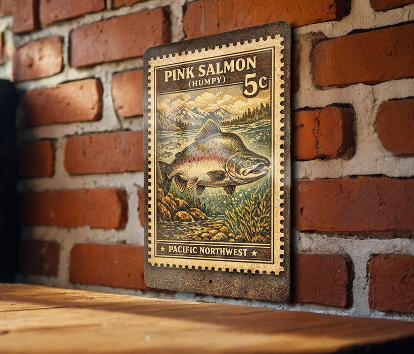 A vintage-style stamp depicting a pink salmon, with the text "PINK SALMON (HUMPS)" and "5c" printed on it, is mounted on a brick wall.