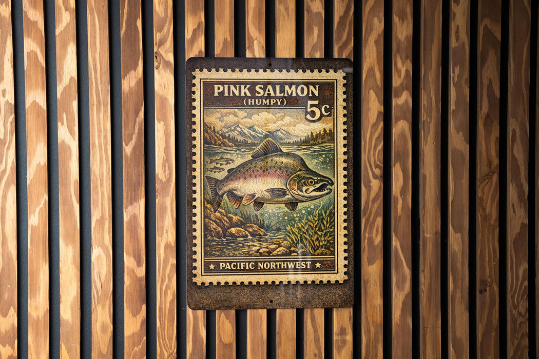 A metal sign with a colorful illustration of a pink salmon, mounted on a wooden wall.