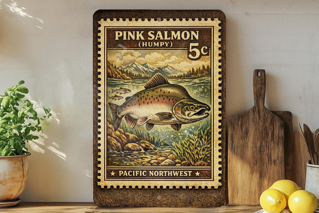 a framed print of a pink salmon, a type of fish, with a stamp-like border and a vintage-style illustration. The print is displayed on a wooden surface, with a potted plant, a cutting board, and some lemons nearby.