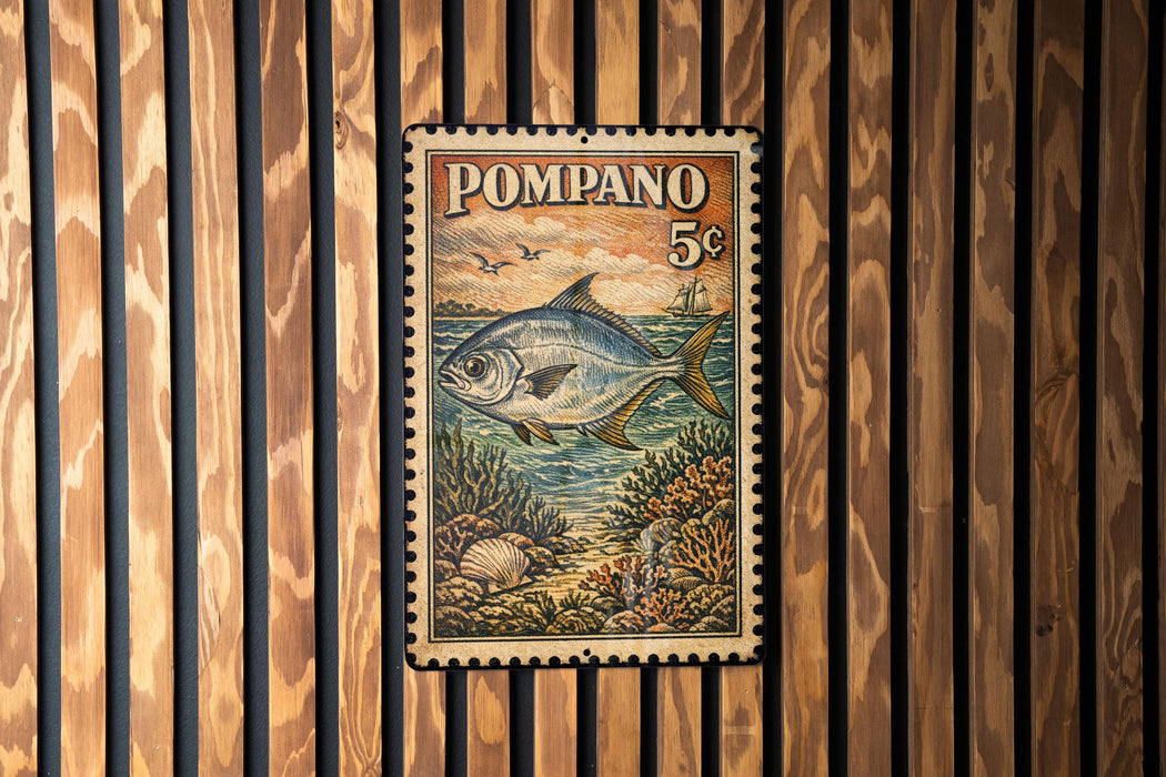 A vintage 5c postage stamp featuring a fish and marine life, displayed on a wooden background.