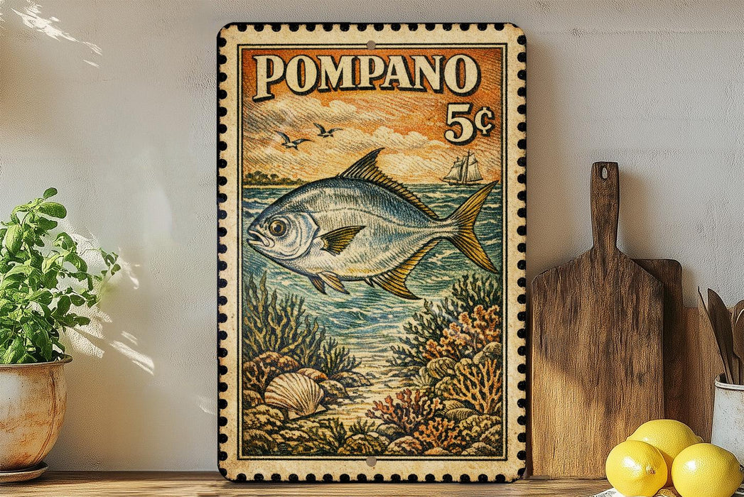 a vintage-style stamp or postcard with a fish illustration, placed on a shelf next to a wooden cutting board and some lemons.