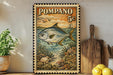 a vintage-style stamp or postcard with a fish illustration, placed on a shelf next to a wooden cutting board and some lemons.