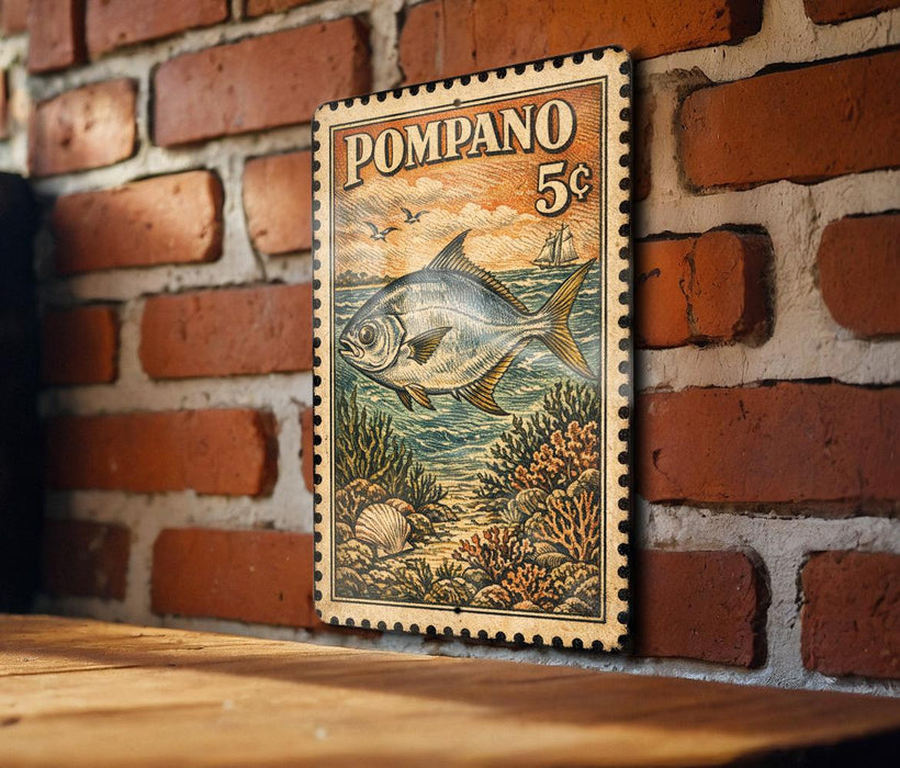 A vintage-style stamp depicting a fish, with the text "POMPANO 5¢", is displayed on a brick wall.