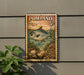 A vintage-style stamp or postcard with a fish illustration, mounted on a wall next to a plant.