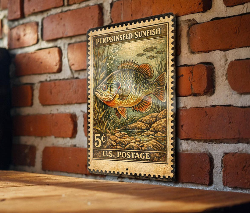 A vintage-style U.S. postage stamp featuring a pumpkinseed sunfish is displayed on a brick wall.