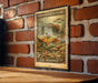 A vintage-style U.S. postage stamp featuring a pumpkinseed sunfish is displayed on a brick wall.