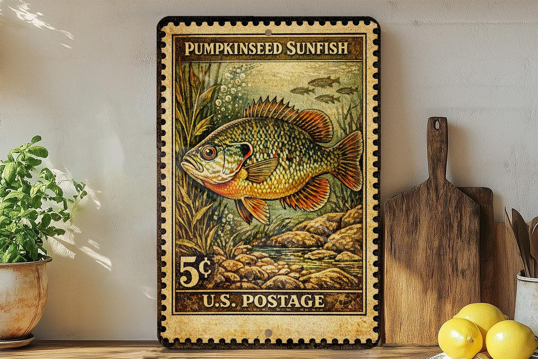 A vintage U.S. postage stamp featuring a pumpkinseed sunfish, displayed on a wooden shelf next to a wooden cutting board and a potted plant.