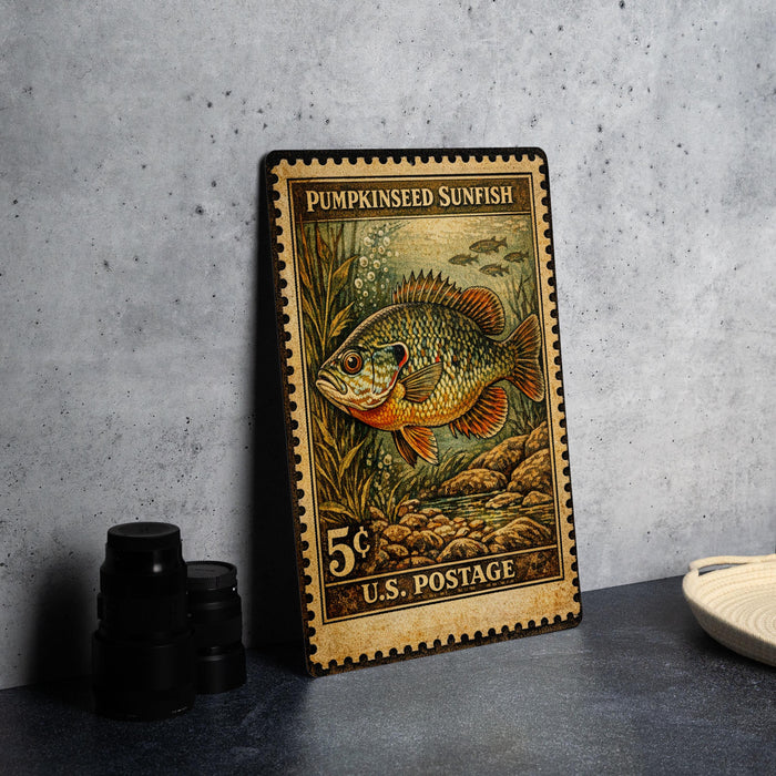 A vintage U.S. postage stamp featuring a pumpkinseed sunfish, placed on a gray countertop next to some black camera lenses.