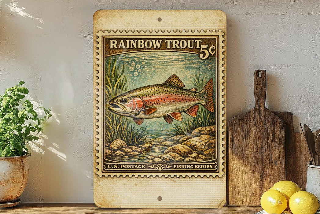 a vintage-style stamp depicting a rainbow trout, with a price of 5 cents, placed on a wooden surface next to a potted plant and a wooden cutting board.