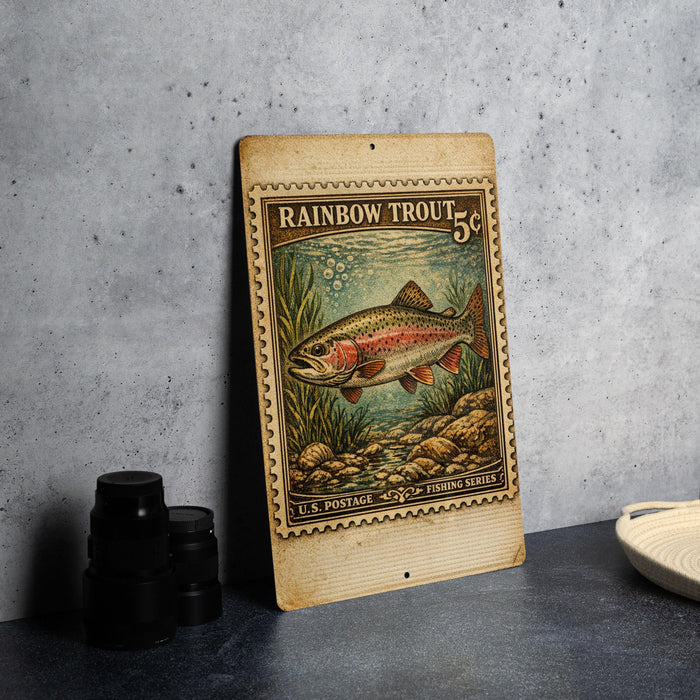 A vintage-style postage stamp featuring a rainbow trout, placed on a dark surface next to some black camera lenses.