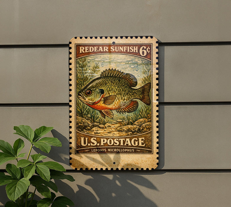 A vintage-style postage stamp featuring a sunfish, mounted on a wall next to a plant.