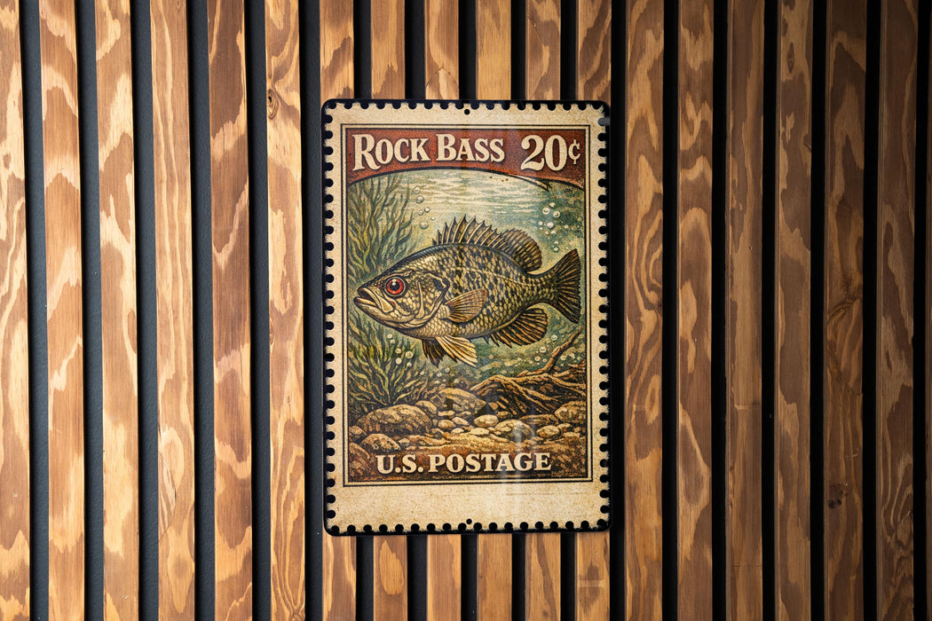 A vintage-style stamp featuring a bass fish, with the text "Rock Bass 20¢" and "U.S. POSTAGE" printed on it. The stamp is displayed on a wooden wall with vertical slats.