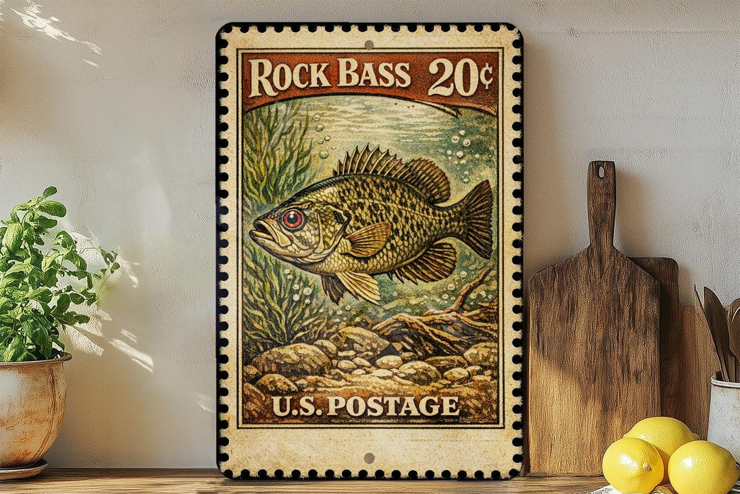 A vintage-style stamp featuring a large bass fish, with the text "Rock Bass 20¢" and "U.S. Postage" printed on it. The stamp is displayed on a shelf next to a wooden cutting board and a potted plant.