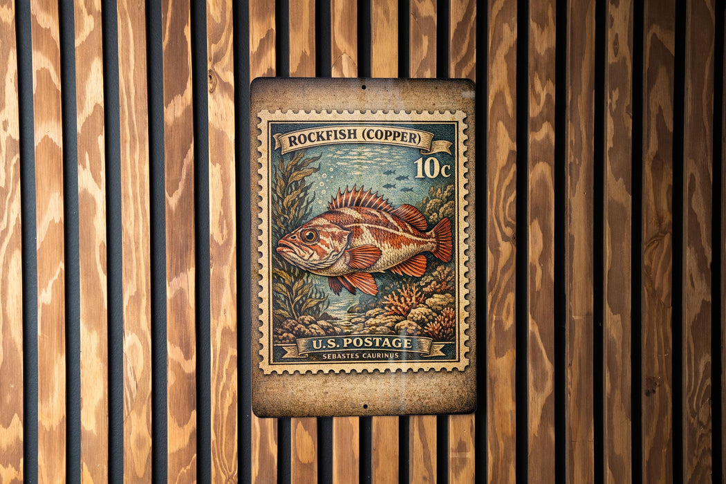 A vintage-style postage stamp featuring a large, colorful fish, likely a Rockfish, on a wooden background.