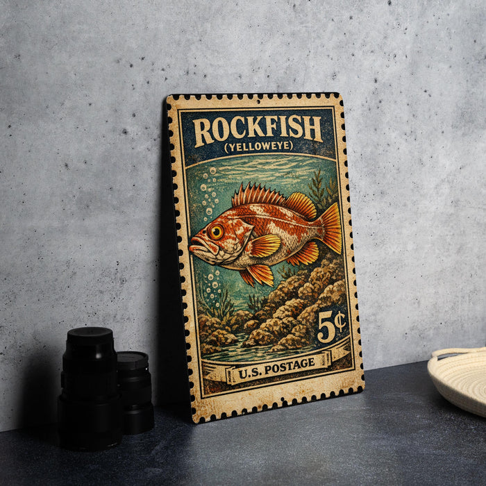 A vintage-style postage stamp featuring a colorful illustration of a rockfish, with the text "ROCKFISH (YELLOWEYE)" and "5¢" printed on it.