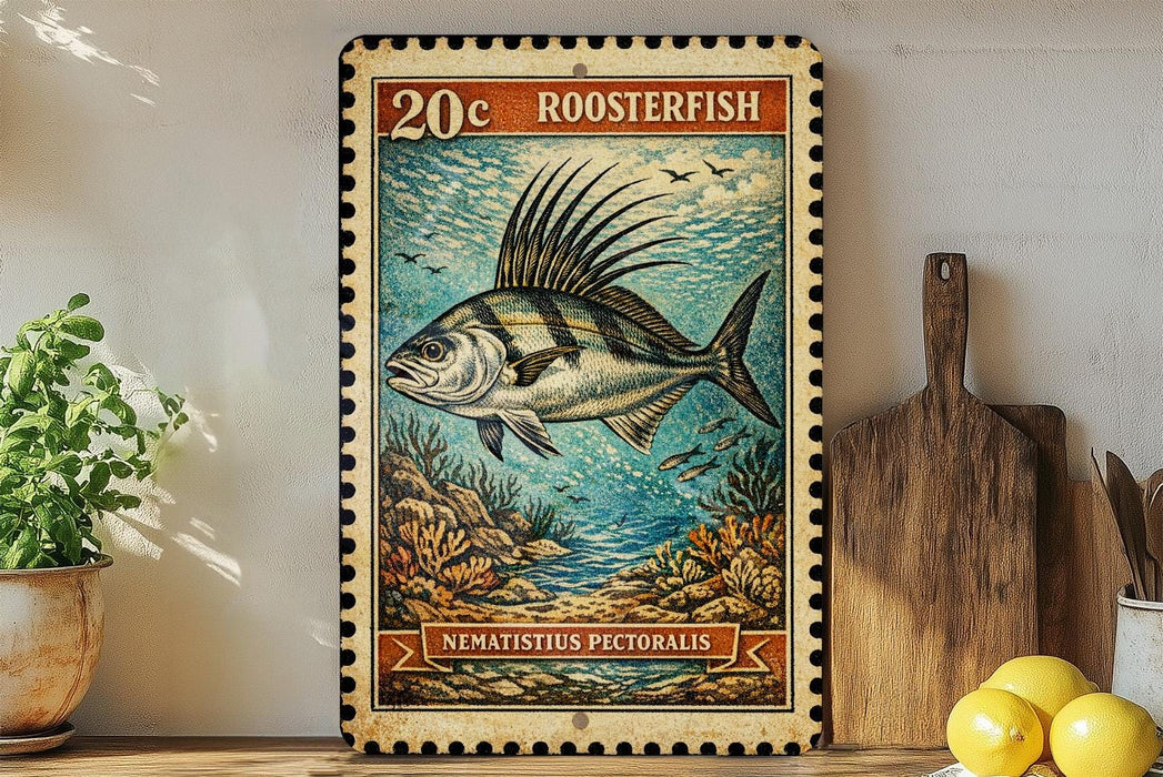 A 20c roosterfish stamp featuring a colorful illustration of a roosterfish swimming in the ocean, with a wooden paddle and lemons on a shelf in the background.