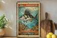 A 20c roosterfish stamp featuring a colorful illustration of a roosterfish swimming in the ocean, with a wooden paddle and lemons on a shelf in the background.