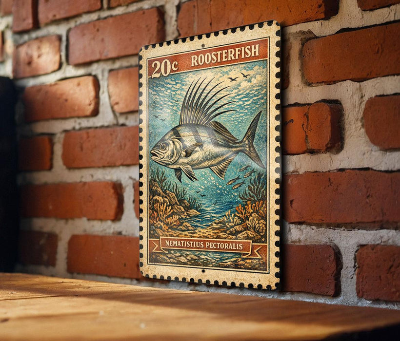 A 20c Roosterfish stamp is displayed on a brick wall, featuring a detailed illustration of a roosterfish swimming in the ocean.