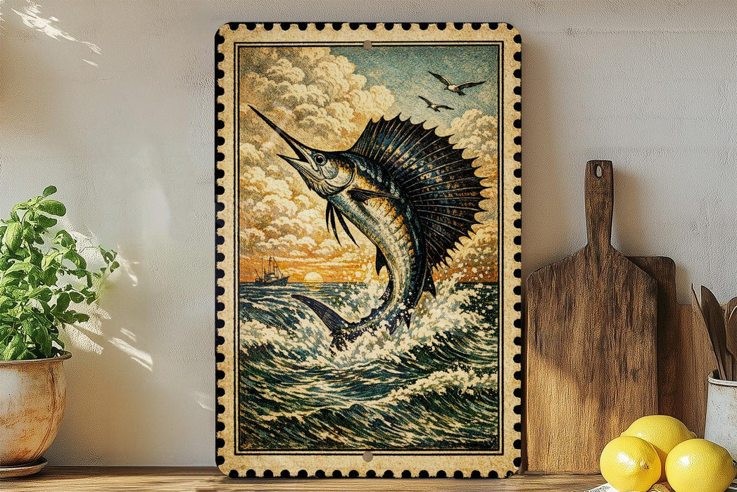 a framed painting of a sailfish leaping out of the water, with a wooden paddle and a potted plant to the side.