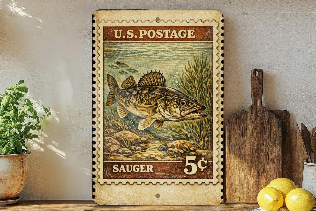 A vintage U.S. postage stamp featuring a fish, placed on a shelf next to a wooden cutting board and some lemons.