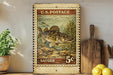 A vintage U.S. postage stamp featuring a fish, placed on a shelf next to a wooden cutting board and some lemons.