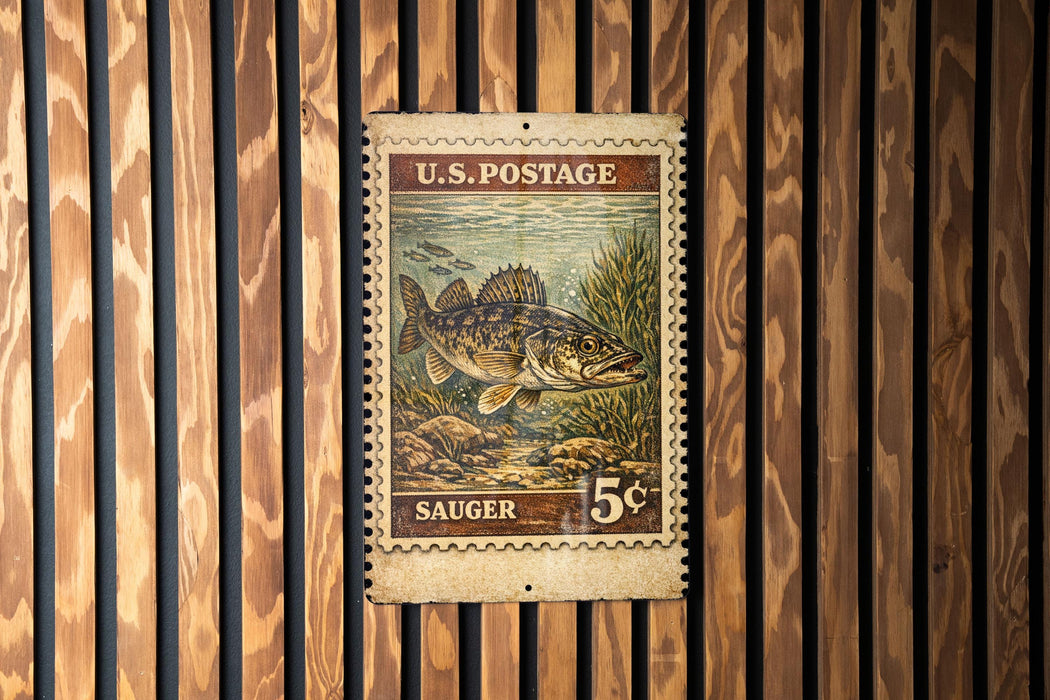 A U.S. postage stamp featuring a fish, mounted on a wooden wall.