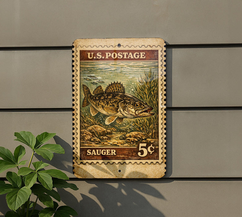 A U.S. postage stamp featuring a fish, mounted on a wall next to a plant.