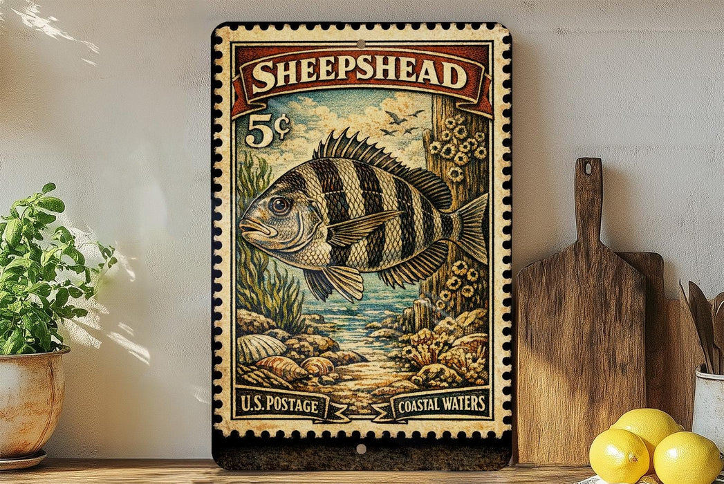 A vintage-style postage stamp featuring a striped fish, placed on a wooden surface next to a wooden cutting board and some lemons.