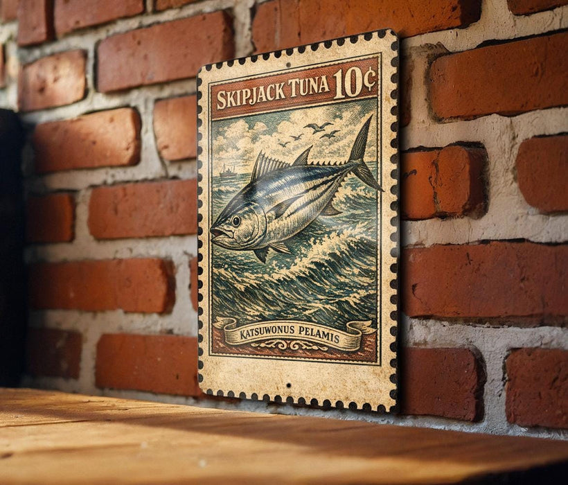 A weathered, vintage-style stamp depicting a tuna fish is mounted on a brick wall.