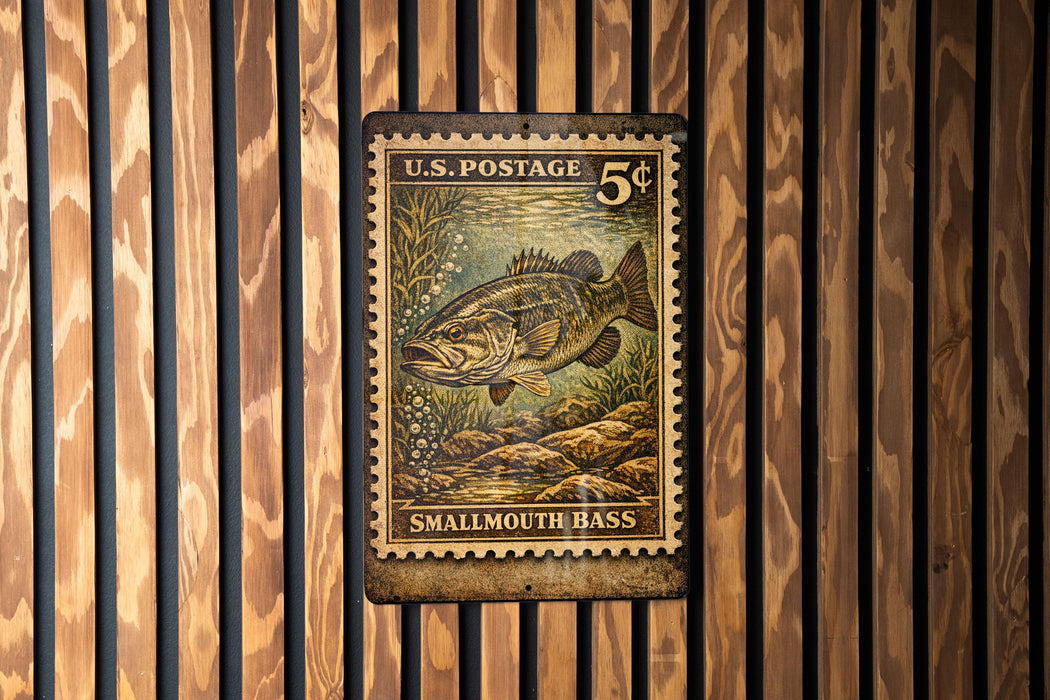 Smallmouth Bass Vintage Stamp Style Metal Sign, Fishing Cabin Decor, Angler Gift, Lake House Wall Sign