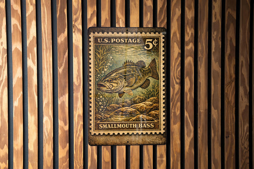 Smallmouth Bass Vintage Stamp Style Metal Sign, Fishing Cabin Decor, Angler Gift, Lake House Wall Sign