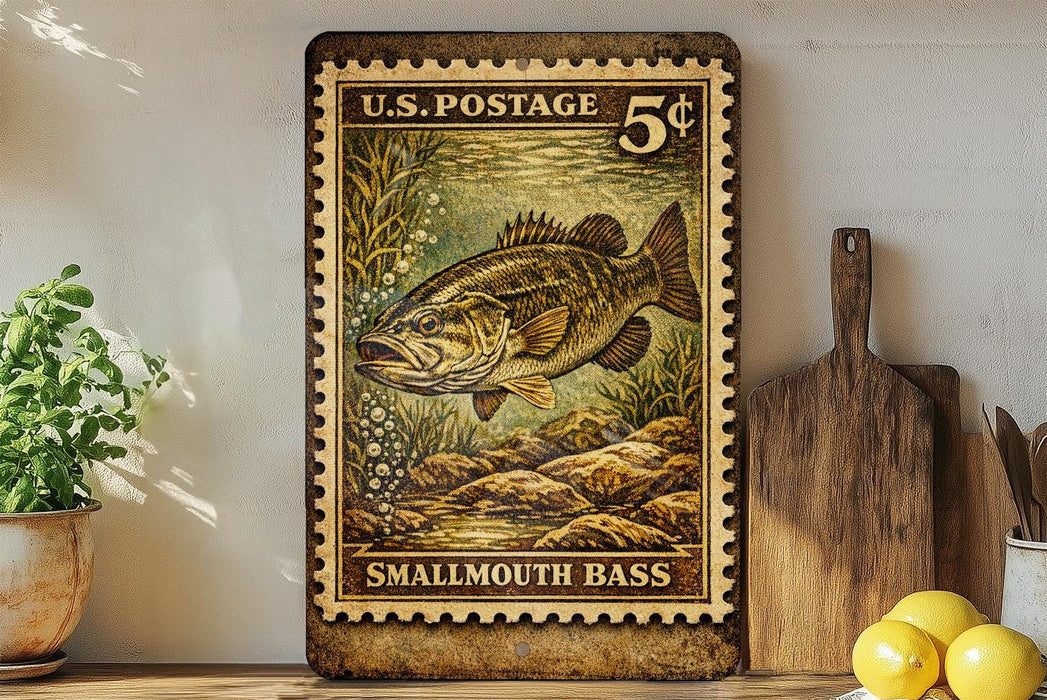 Smallmouth Bass Vintage Stamp Style Metal Sign, Fishing Cabin Decor, Angler Gift, Lake House Wall Sign