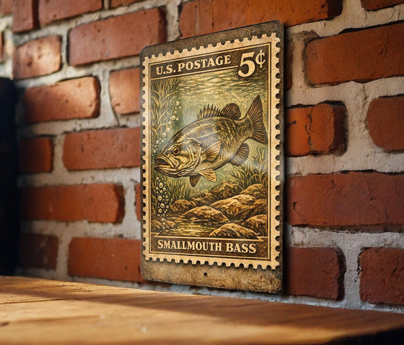 Smallmouth Bass Vintage Stamp Style Metal Sign, Fishing Cabin Decor, Angler Gift, Lake House Wall Sign