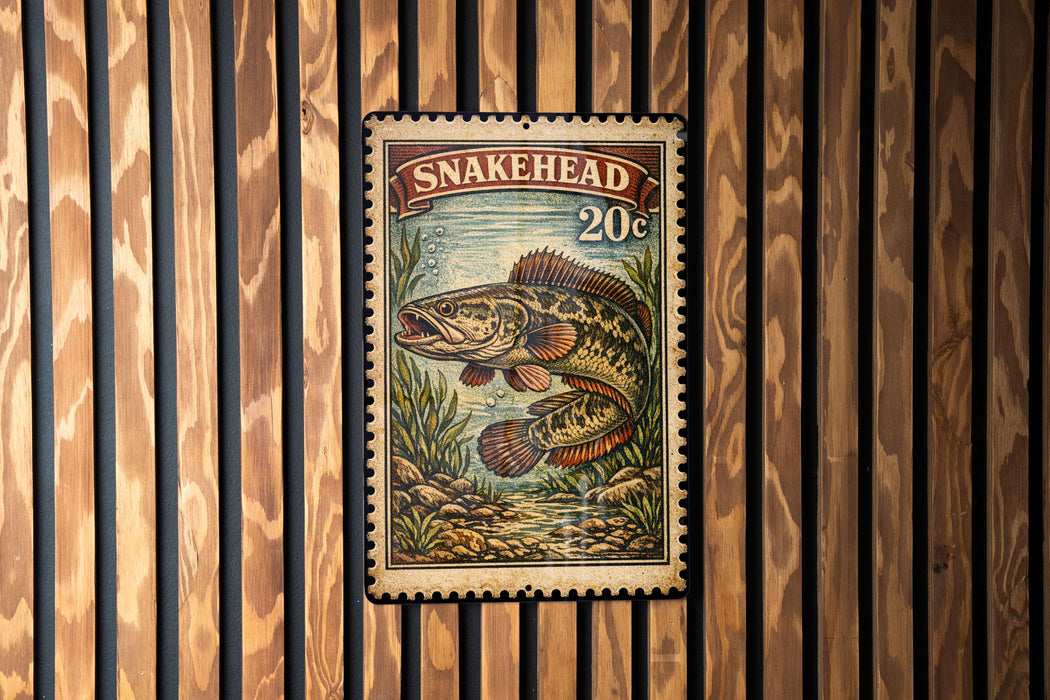 Snakehead Fish Vintage Stamp Style Metal Sign, Snakehead Fishing Decor, Angler Cabin Garage Wall Plaque