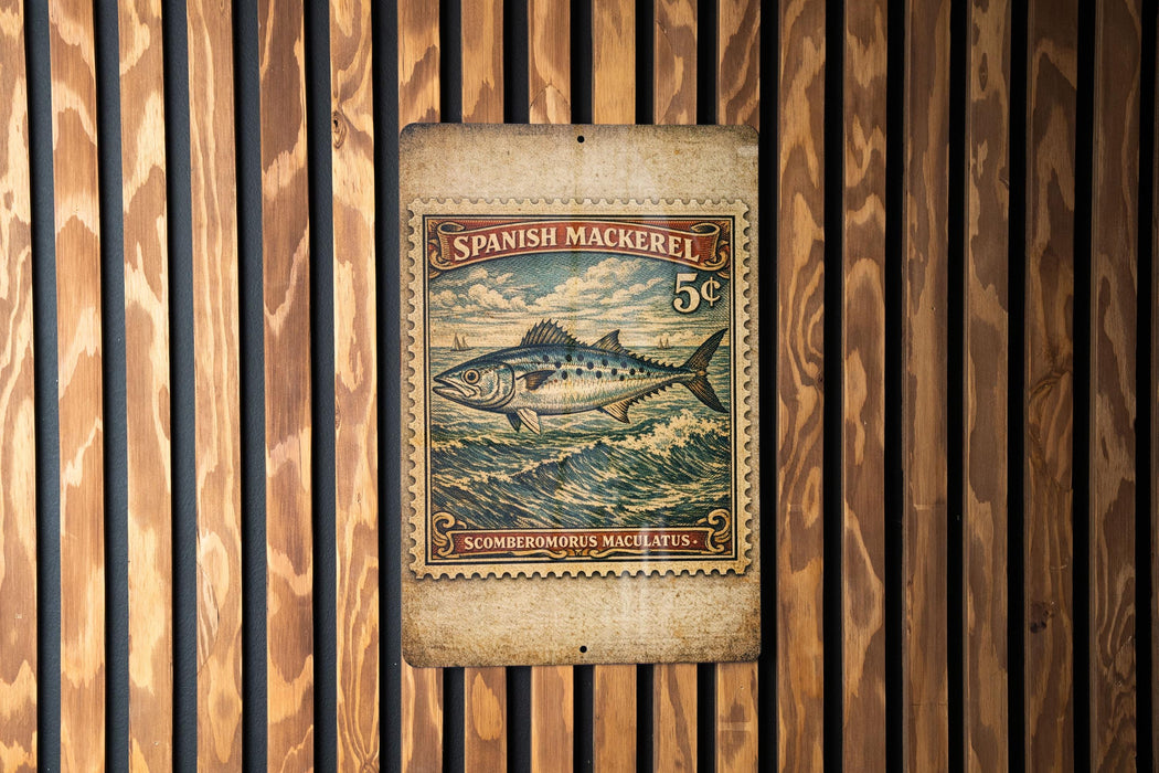 A vintage Spanish mackerel stamp is displayed on a wooden wall, featuring a fish illustration and the text "Spanish Mackerel 5c".