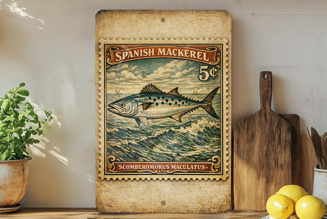 a Spanish mackerel stamp with a fish illustration, placed on a wooden surface next to a wooden cutting board and some lemons.