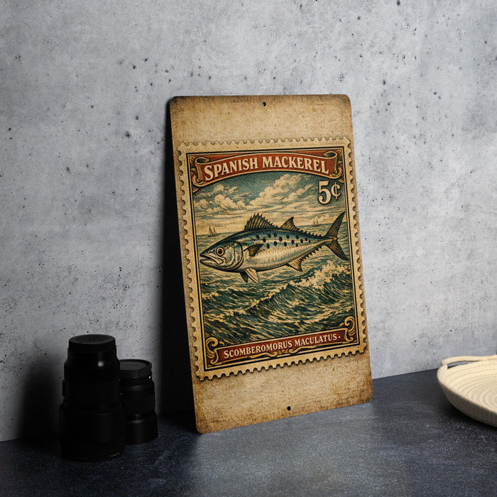 A Spanish mackerel stamp featuring a fish on a wave, with the text "Spanish Mackerel 5c" and "SOMBERORUS MACULATA" printed on it.