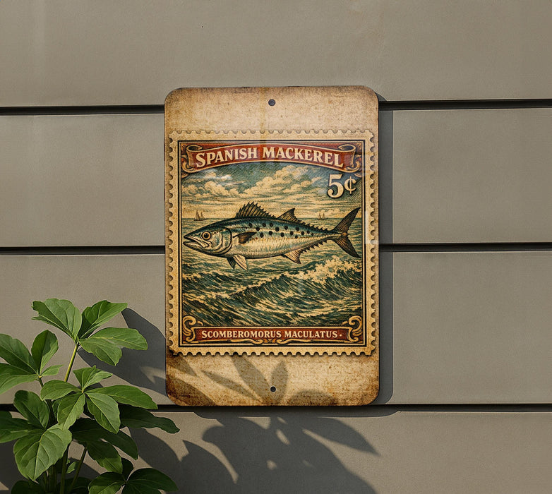 a Spanish mackerel stamp with a fish illustration, mounted on a wall next to a plant.