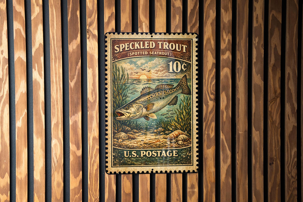 A U.S. postage stamp featuring a speckled trout, with the text "SPECKLEED TROUT SPOTTED SEAT" and "10¢" printed on it.