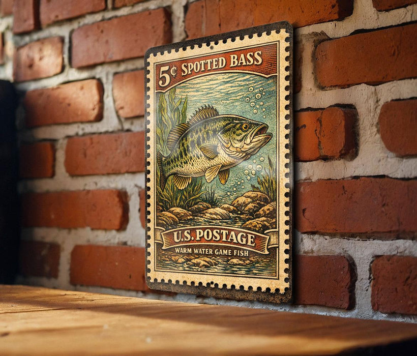 A vintage U.S. postage stamp featuring a spotted bass fish is displayed on a brick wall.