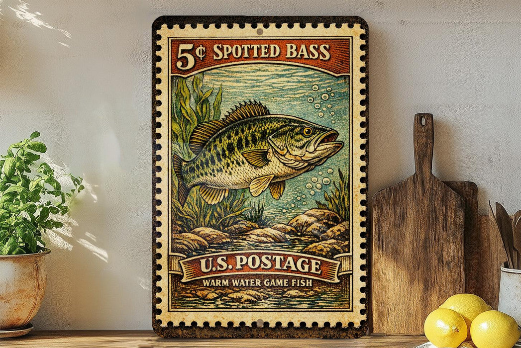 A vintage-style stamp depicting a spotted bass fish, with the text "5¢ SPOTTED BASS" and "U.S. POSTAGE WARM WATER CAME FISH" printed on it. The stamp is displayed on a shelf next to a wooden cutting board and a potted plant.