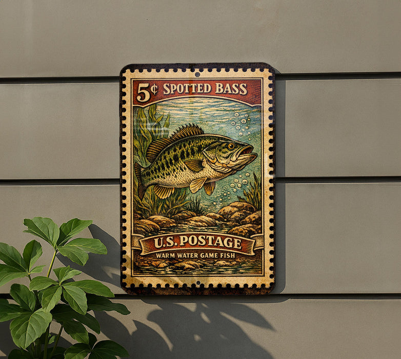 A vintage-style metal sign advertising "5¢ Spotted Bass" from the U.S. Postage, featuring a detailed illustration of a spotted bass fish swimming in the water.