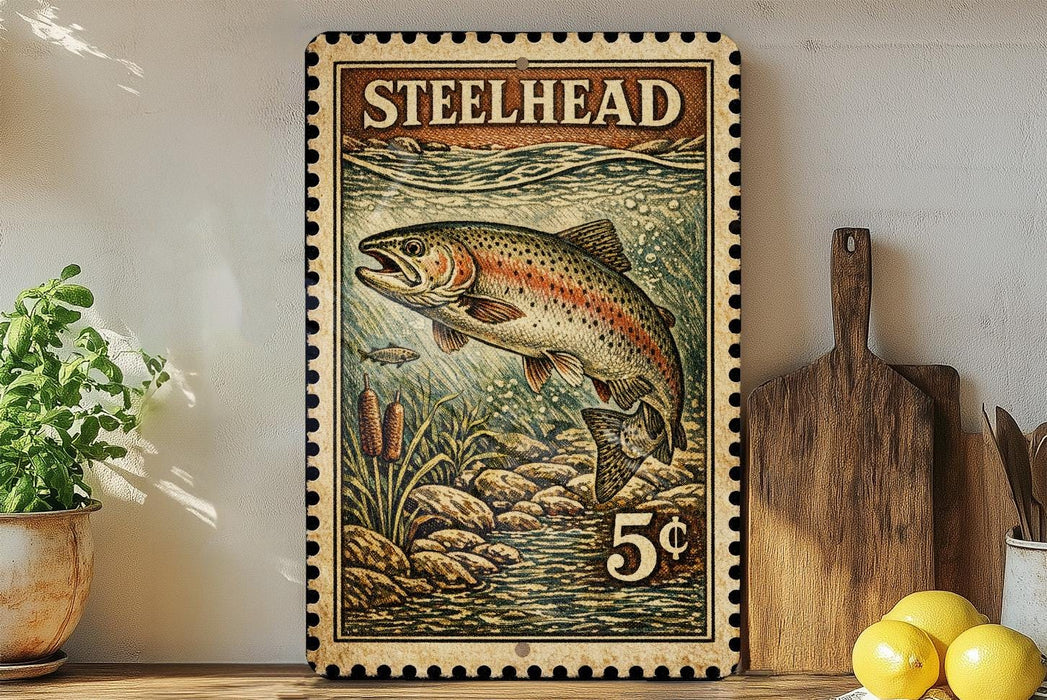A framed print of a fish, likely a steelhead, is displayed on a wall next to a wooden cutting board and some lemons.