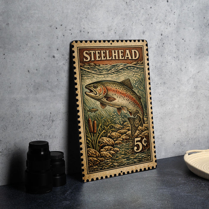 A metal stamp featuring a fish, likely a Steelhead, with the text "STEELHEAD" printed on it. The stamp is placed on a table next to some black camera lenses.