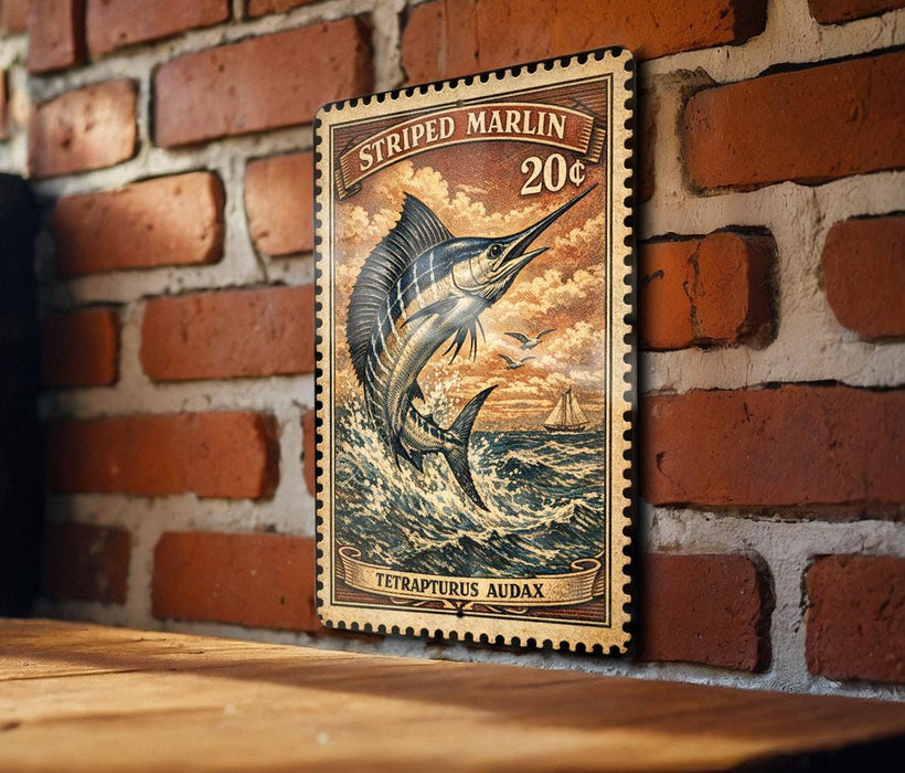A framed image of a striped marlin fish, with a 20-cent stamp on the border, is displayed on a brick wall.
