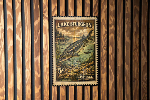 A vintage-style stamp depicting a sturgeon fish, which is a type of fish commonly found in Lake Sturgon, Washington, United States.